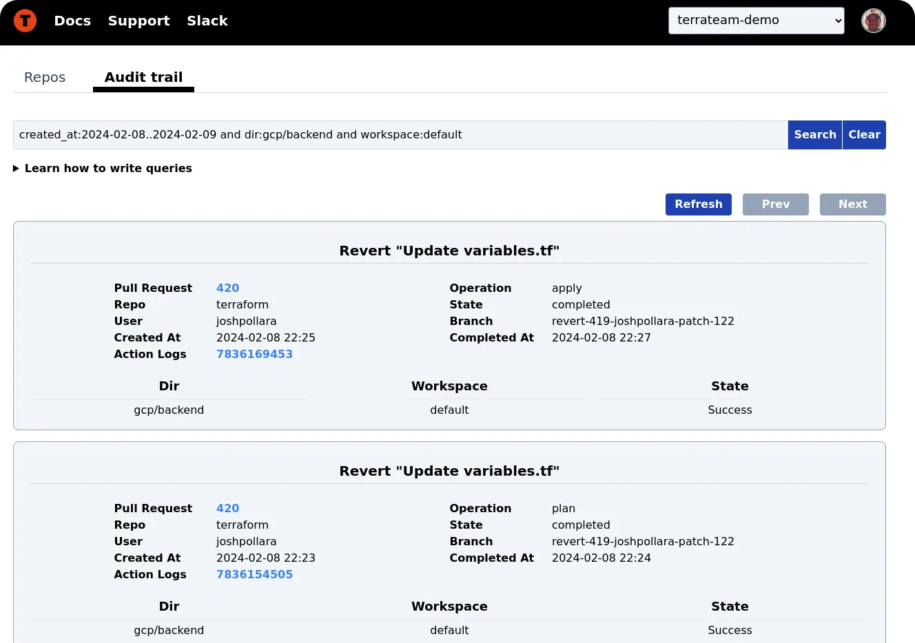 Audit trail with query