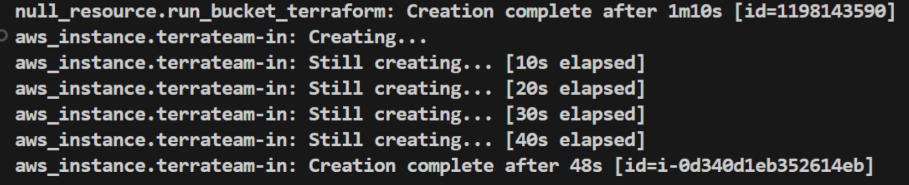 AWS console showing EC2 instance successfully created after S3 bucket provisioning