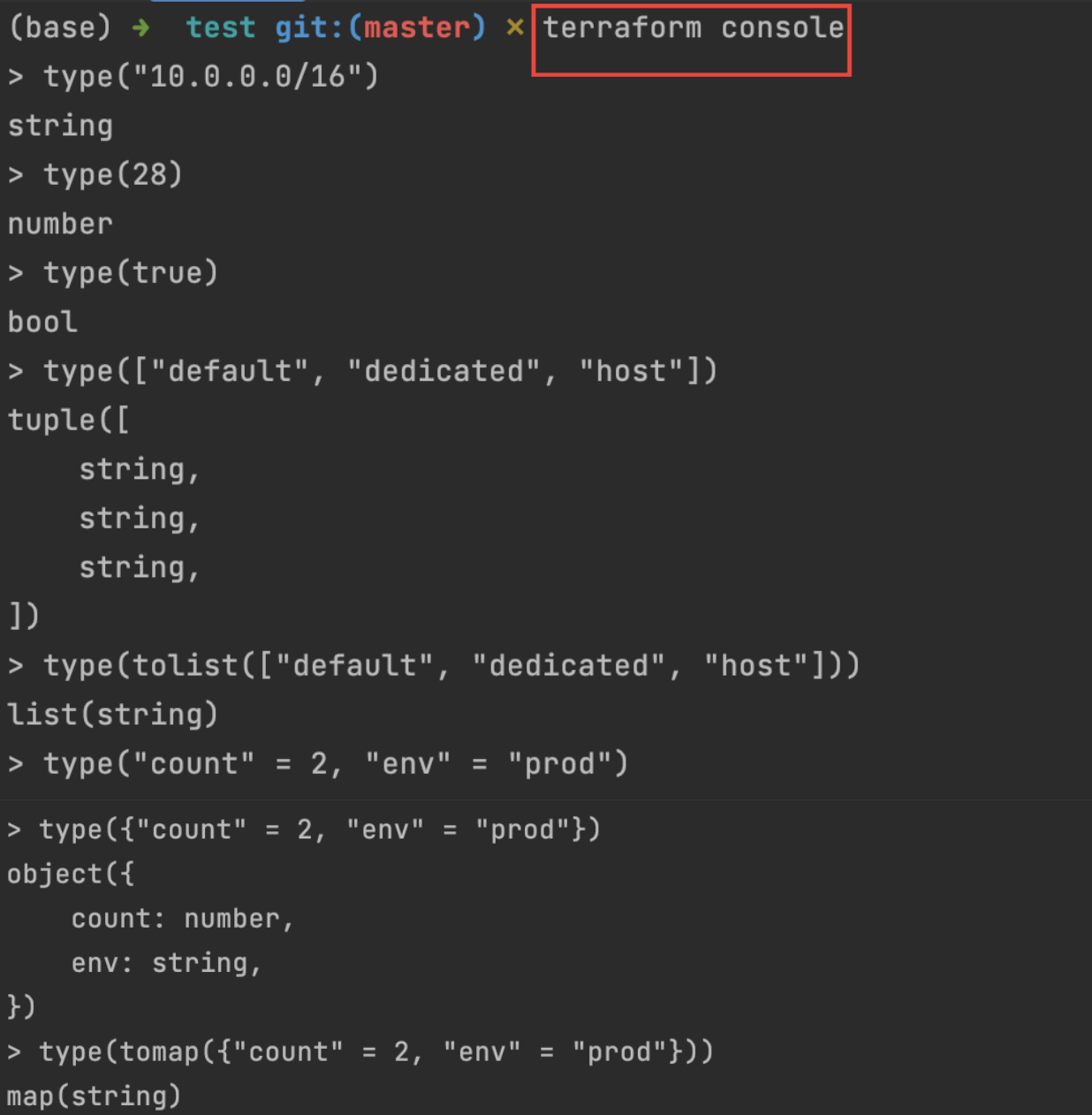Terraform Console boolean
