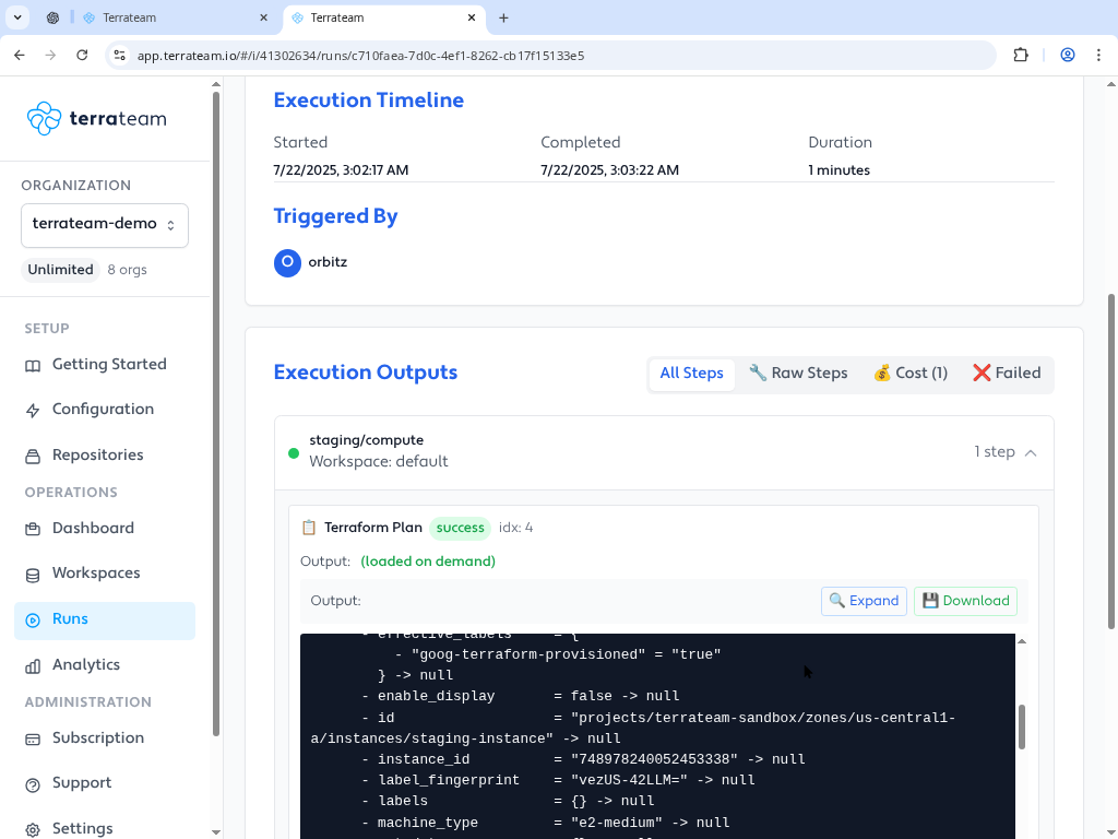 Terrateam dashboard execution timeline